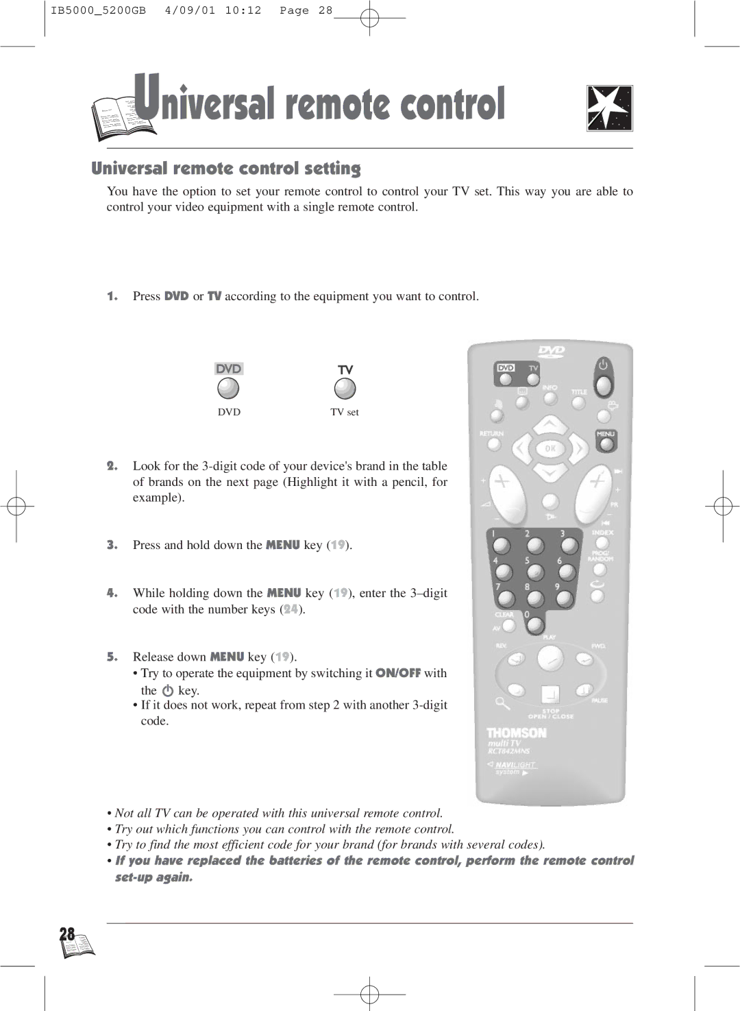 Technicolor - Thomson IB5000 warranty Niversal remote control, Universal remote control setting 