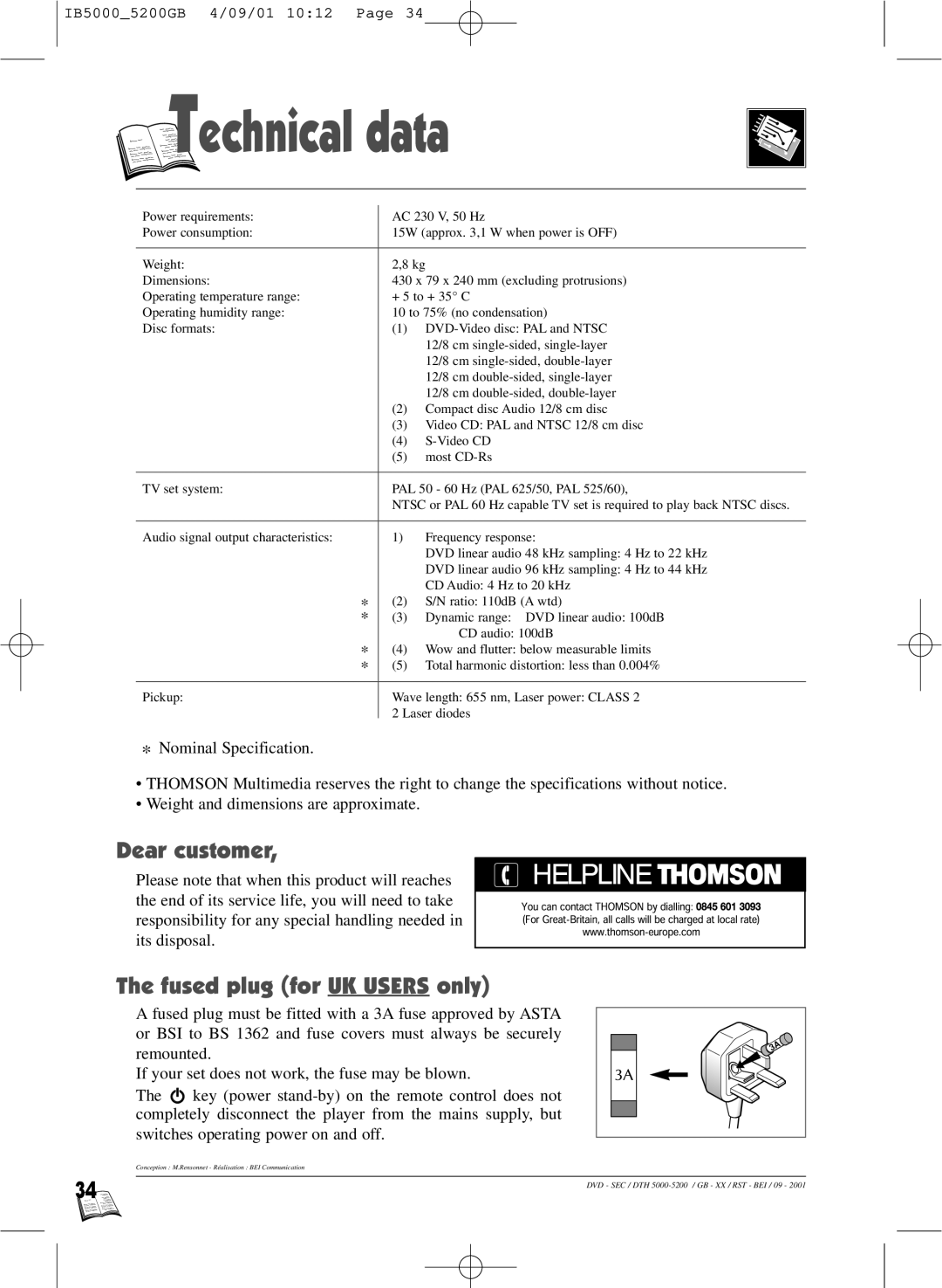 Technicolor - Thomson IB5000 warranty Echnical data, Dear customer, Fused plug for UK Users only 