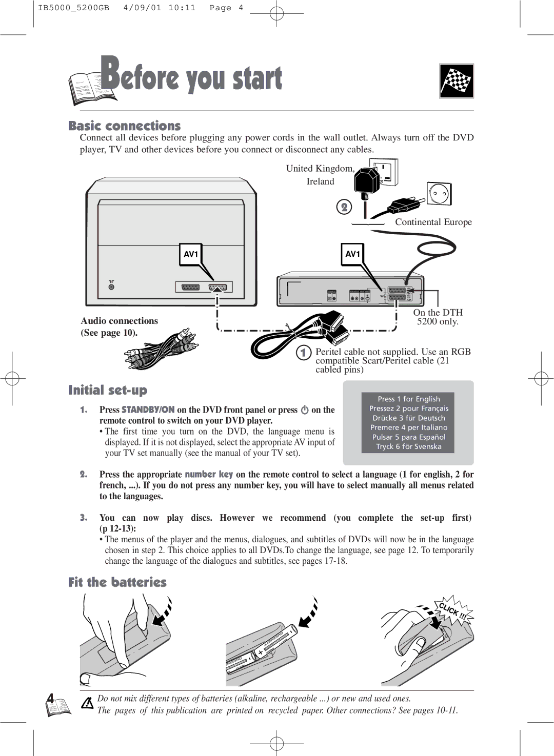 Technicolor - Thomson IB5000 warranty Efore you start, Basic connections, Initial set-up, Fit the batteries 