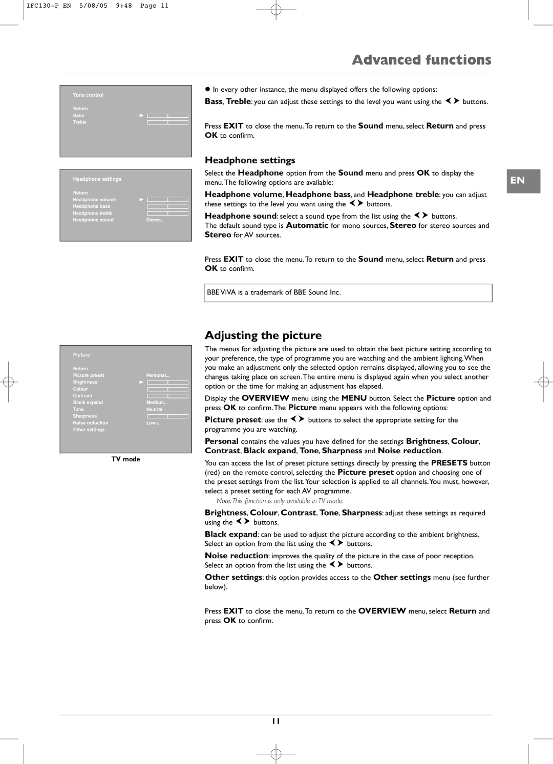 Technicolor - Thomson IFC130 manual Advanced functions, Adjusting the picture, Headphone settings, Picture 