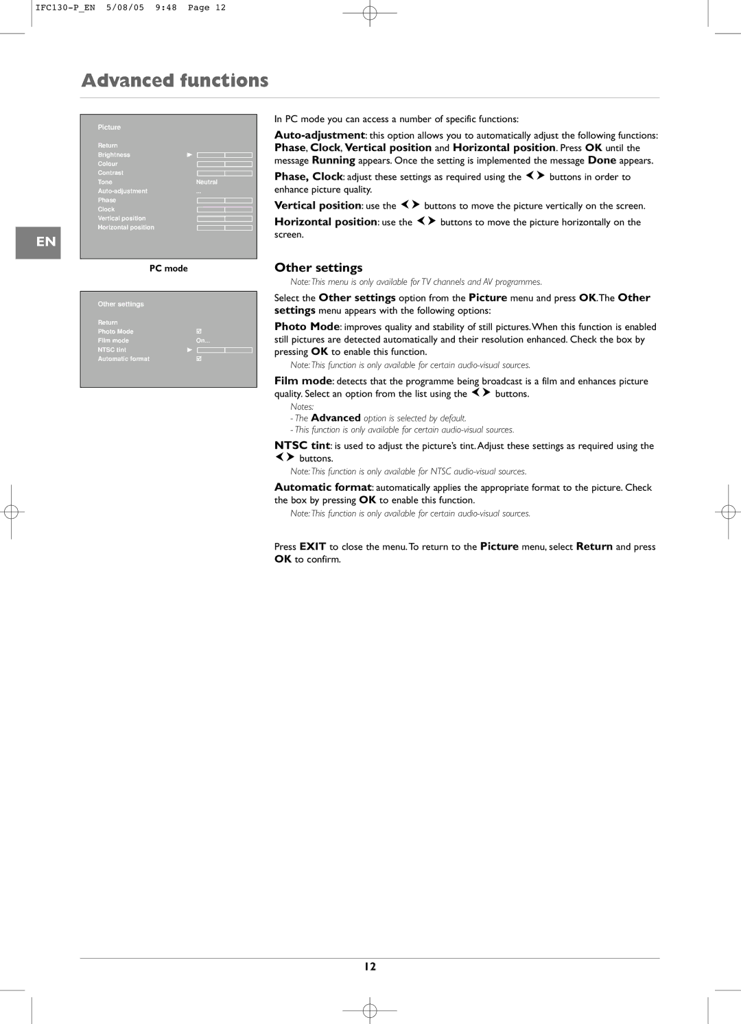 Technicolor - Thomson IFC130 manual Other settings, PC mode you can access a number of specific functions 