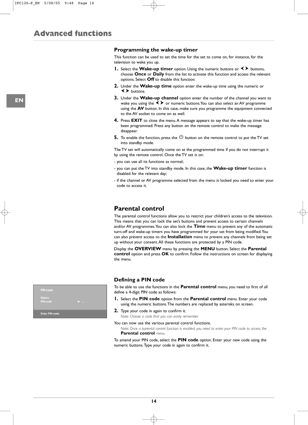 Technicolor - Thomson IFC130 manual Parental control, Programming the wake-up timer, Defining a PIN code, Wake you using 