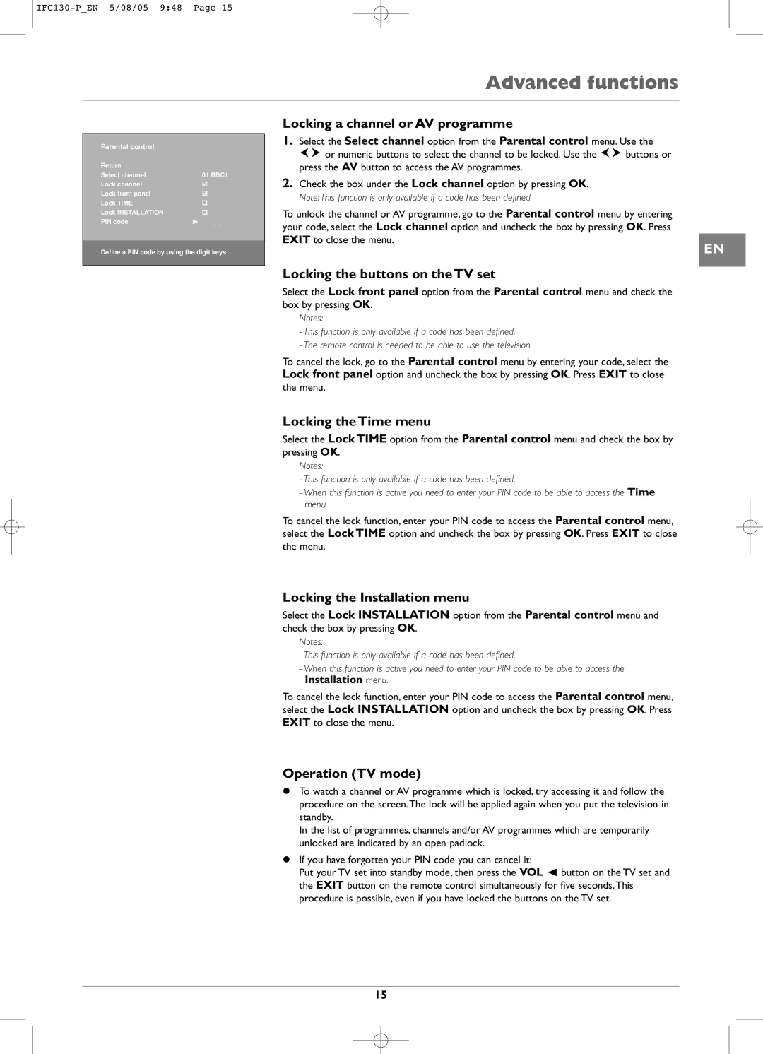 Technicolor - Thomson IFC130 Locking a channel or AV programme, Locking the buttons on the TV set, Locking the Time menu 