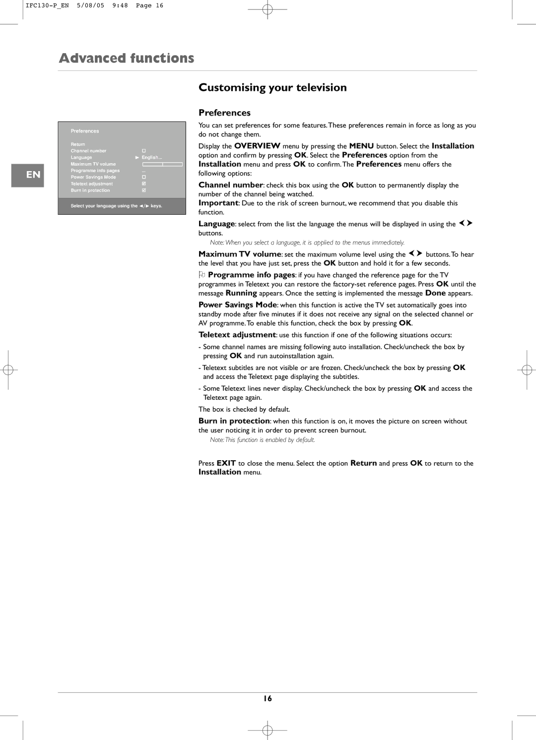 Technicolor - Thomson IFC130 manual Customising your television, Preferences 