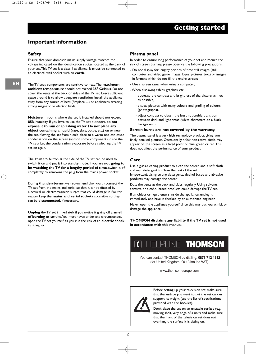 Technicolor - Thomson IFC130 manual Getting started, Important information, Safety, Plasma panel, Care 