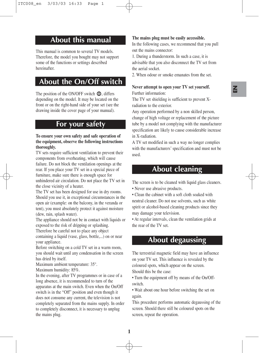 Technicolor - Thomson ITC008 manual About this manual, About the On/Off switch, For your safety, About cleaning 