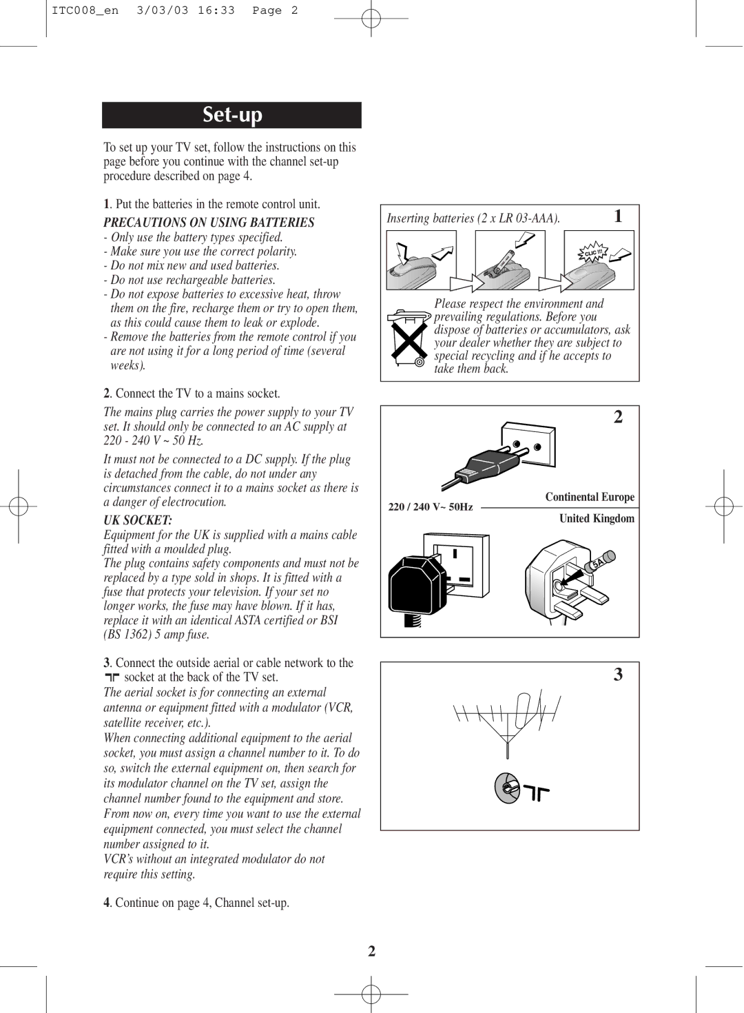 Technicolor - Thomson ITC008 manual Set-up, Inserting batteries 2 x LR 03-AAA, Take them back 