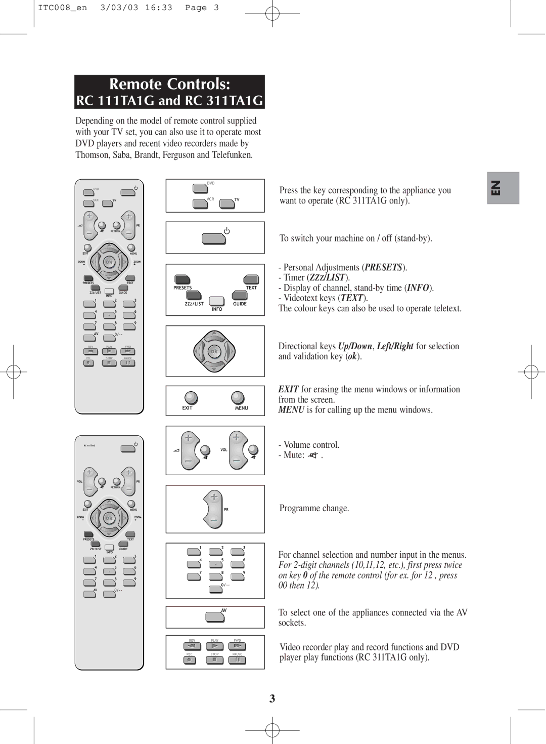 Technicolor - Thomson ITC008 manual Remote Controls, To switch your machine on / off stand-by 