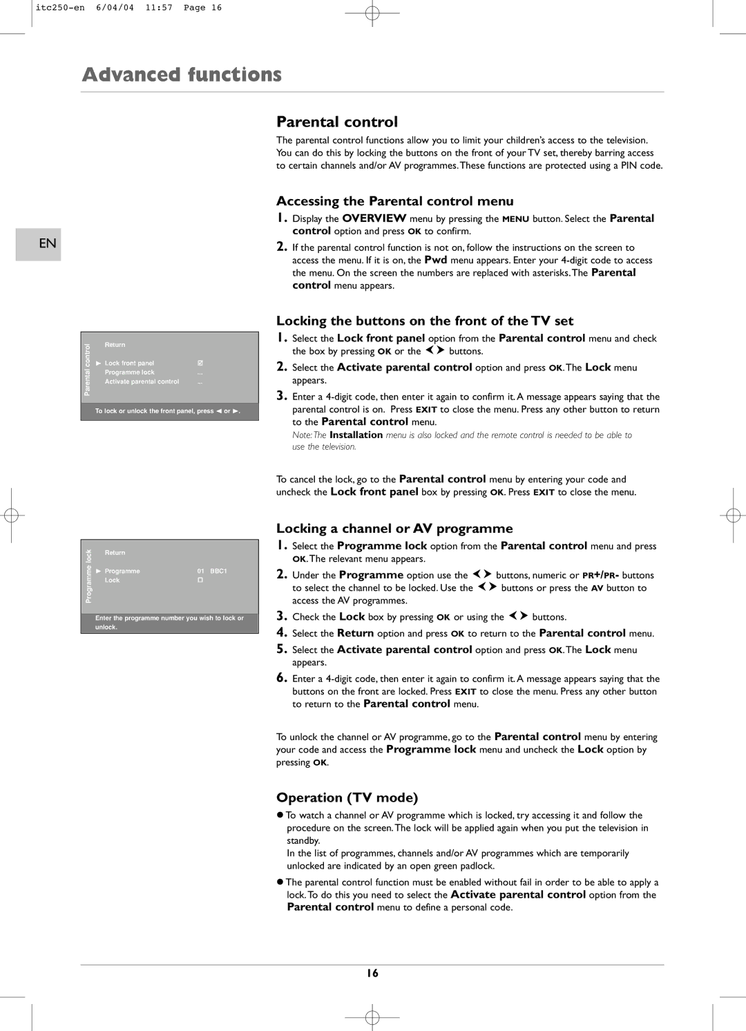 Technicolor - Thomson ITC250 manual Accessing the Parental control menu, Locking the buttons on the front of the TV set 