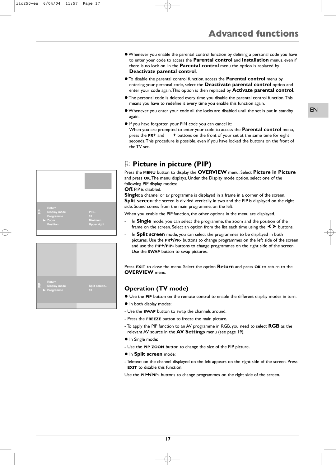 Technicolor - Thomson ITC250 manual Picture in picture PIP, Overview menu, Split screen mode 