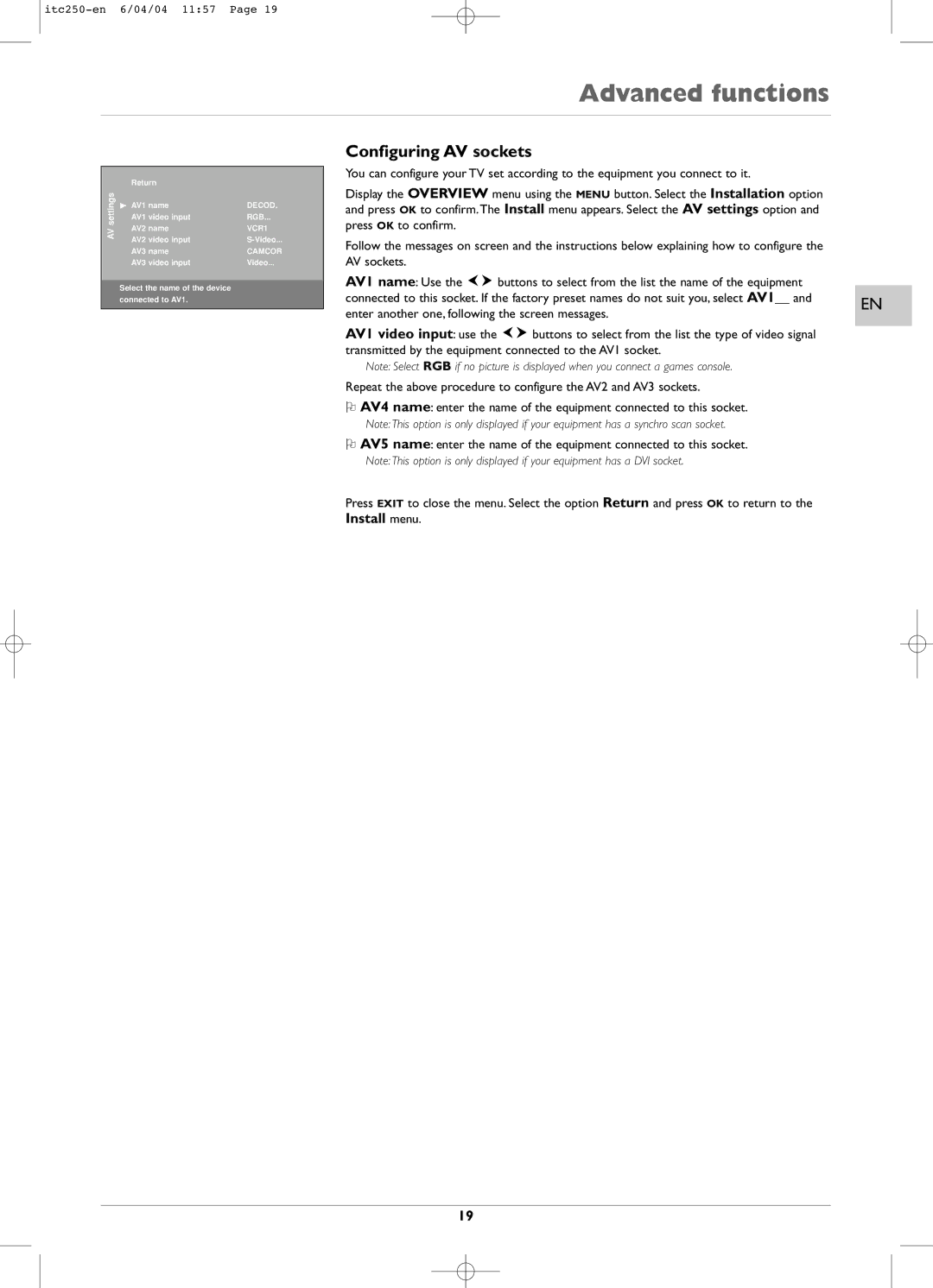 Technicolor - Thomson ITC250 manual Configuring AV sockets, Install menu, Settings 