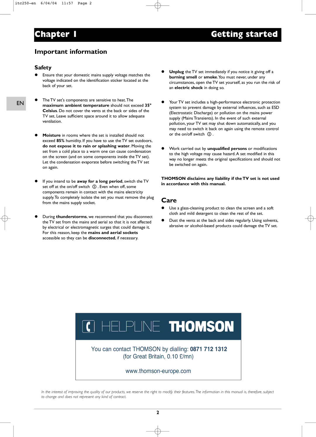 Technicolor - Thomson ITC250 manual Chapter Getting started, Important information, Care, Safety 