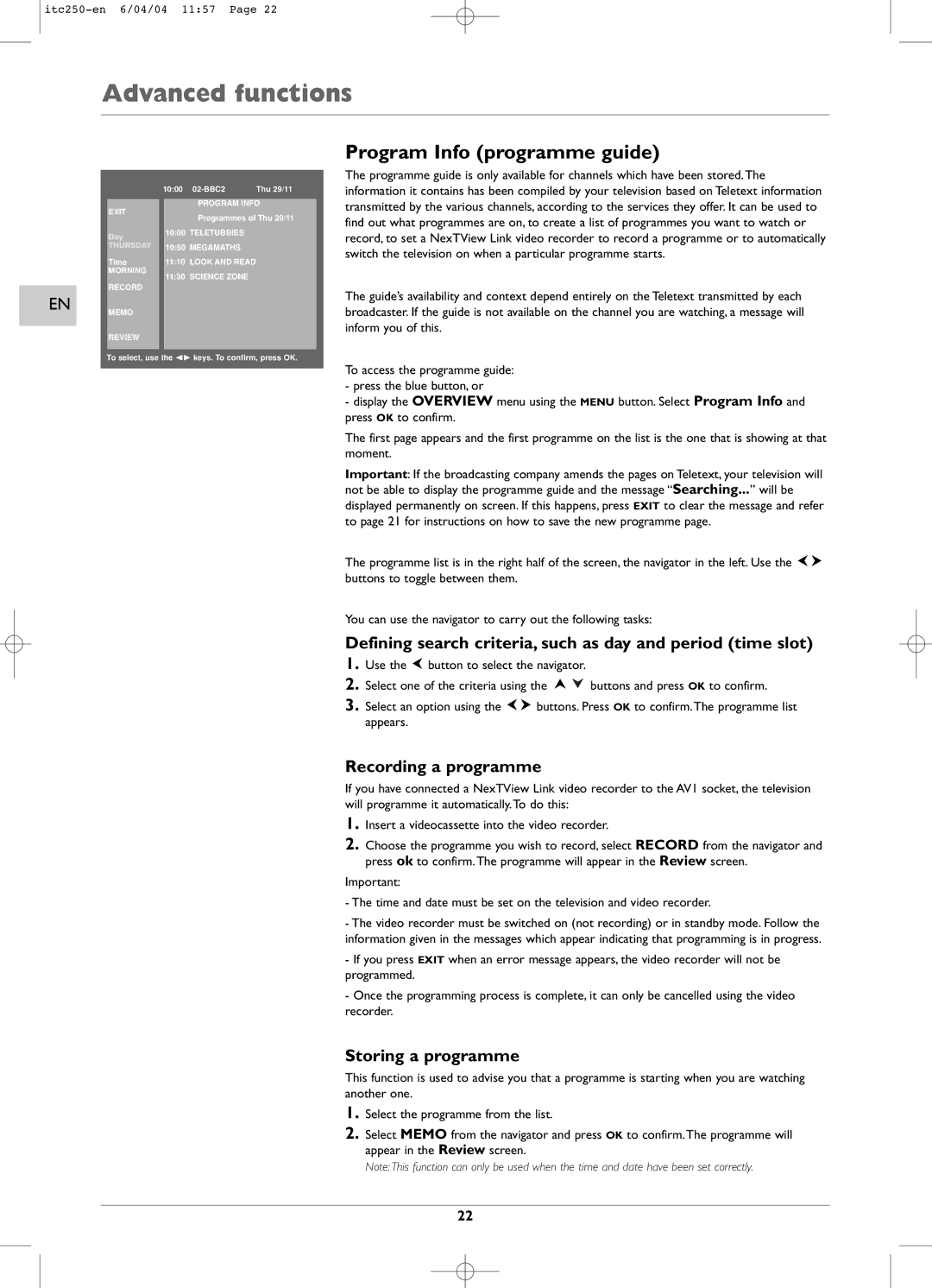 Technicolor - Thomson ITC250 Program Info programme guide, Defining search criteria, such as day and period time slot 