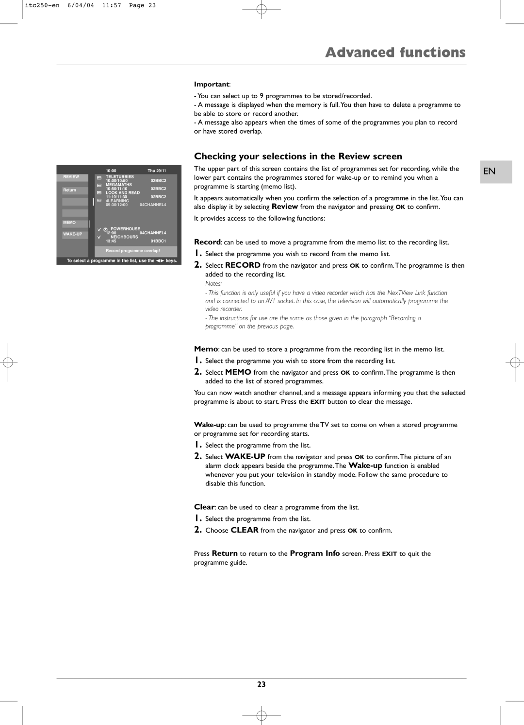 Technicolor - Thomson ITC250 manual Checking your selections in the Review screen 