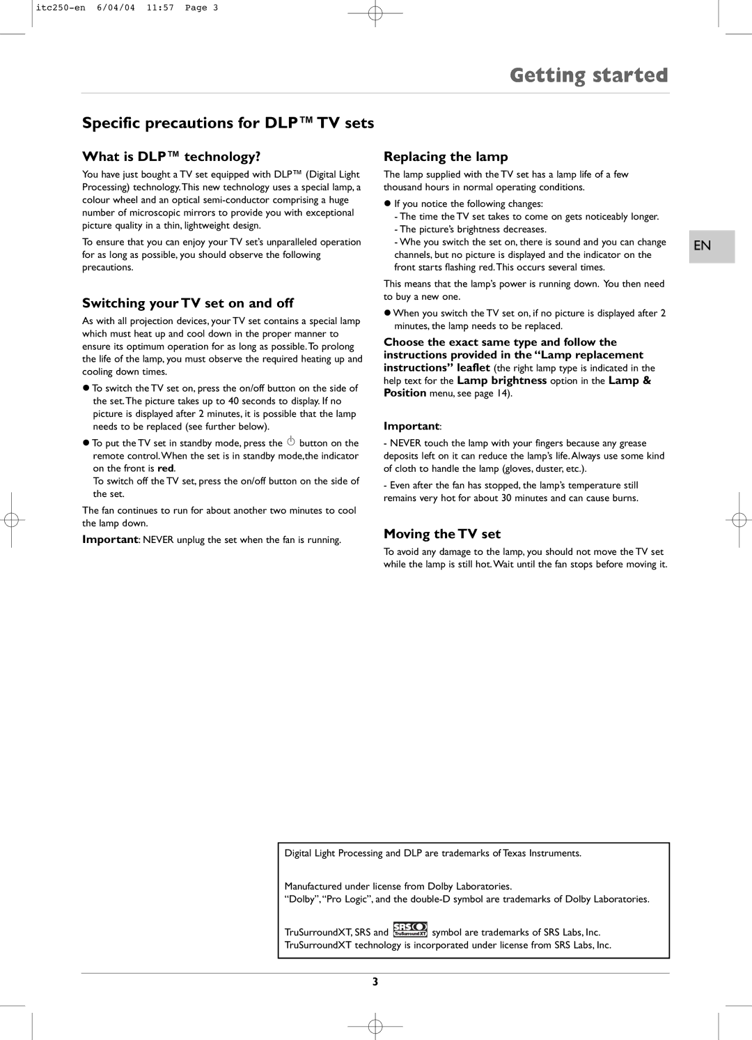 Technicolor - Thomson ITC250 manual Getting started, Specific precautions for DLP TV sets 