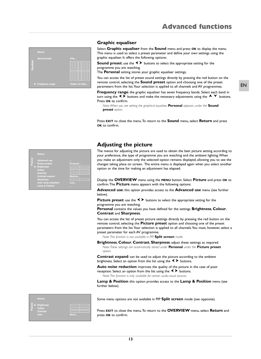 Technicolor - Thomson ITC250S manual Advanced functions, Adjusting the picture, Graphic equaliser 