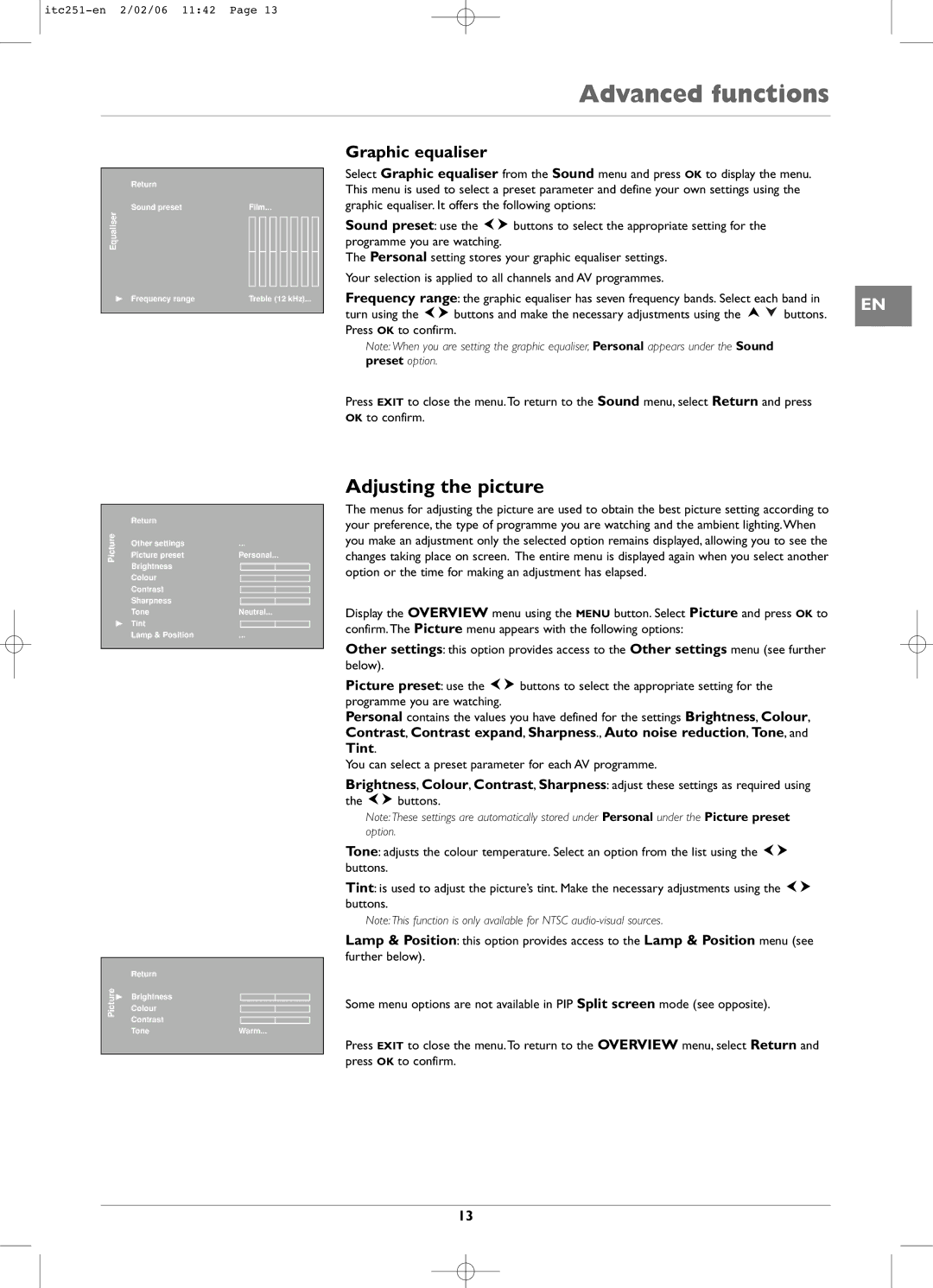 Technicolor - Thomson ITC251 manual Advanced functions, Adjusting the picture, Graphic equaliser 