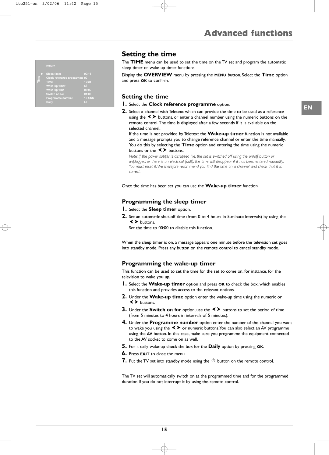 Technicolor - Thomson ITC251 manual Setting the time, Programming the sleep timer, Programming the wake-up timer 