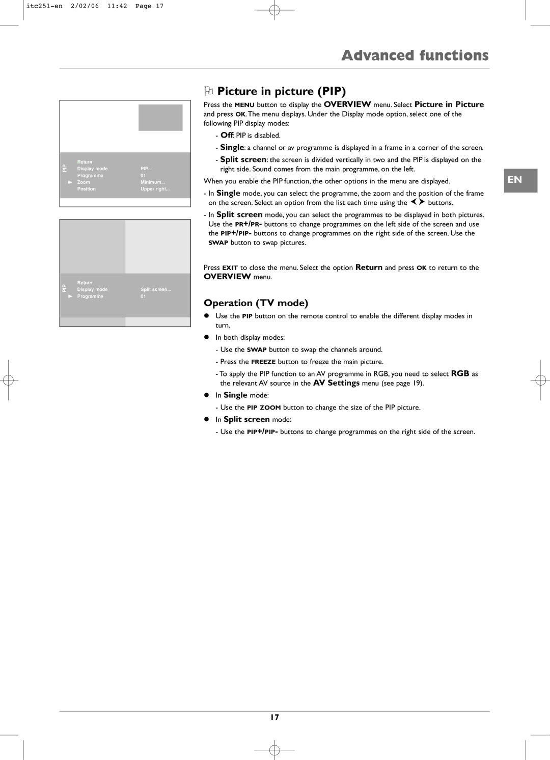 Technicolor - Thomson ITC251 manual Picture in picture PIP, Overview menu 