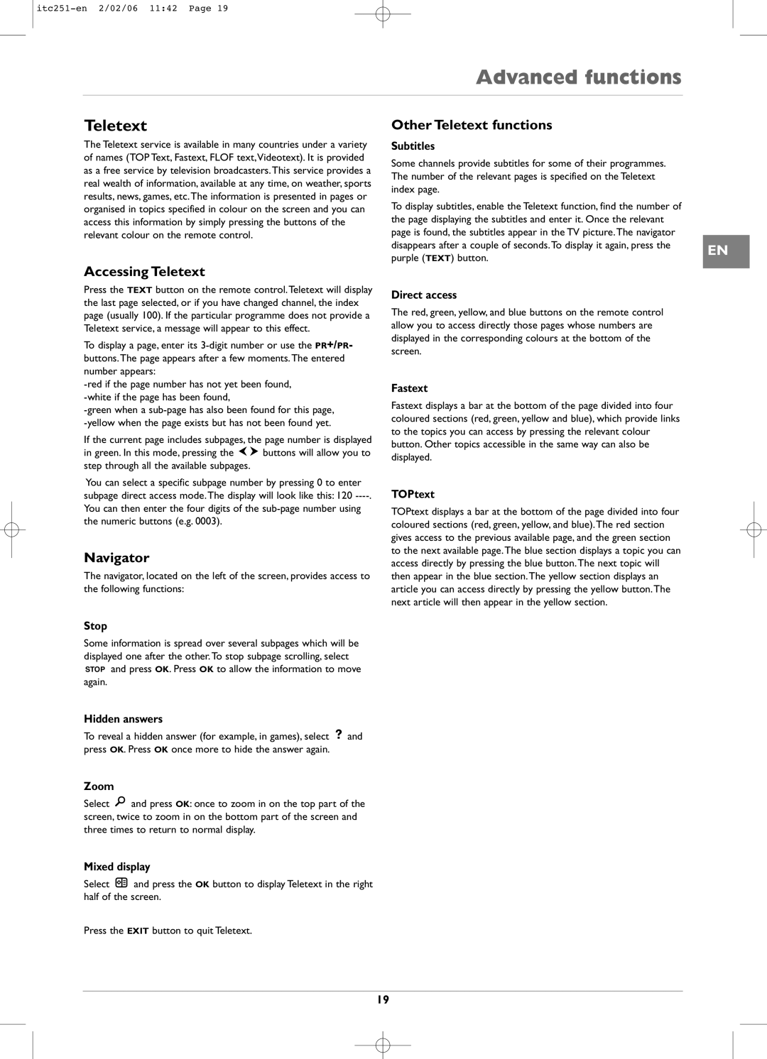 Technicolor - Thomson ITC251 manual Accessing Teletext, Navigator, Other Teletext functions 