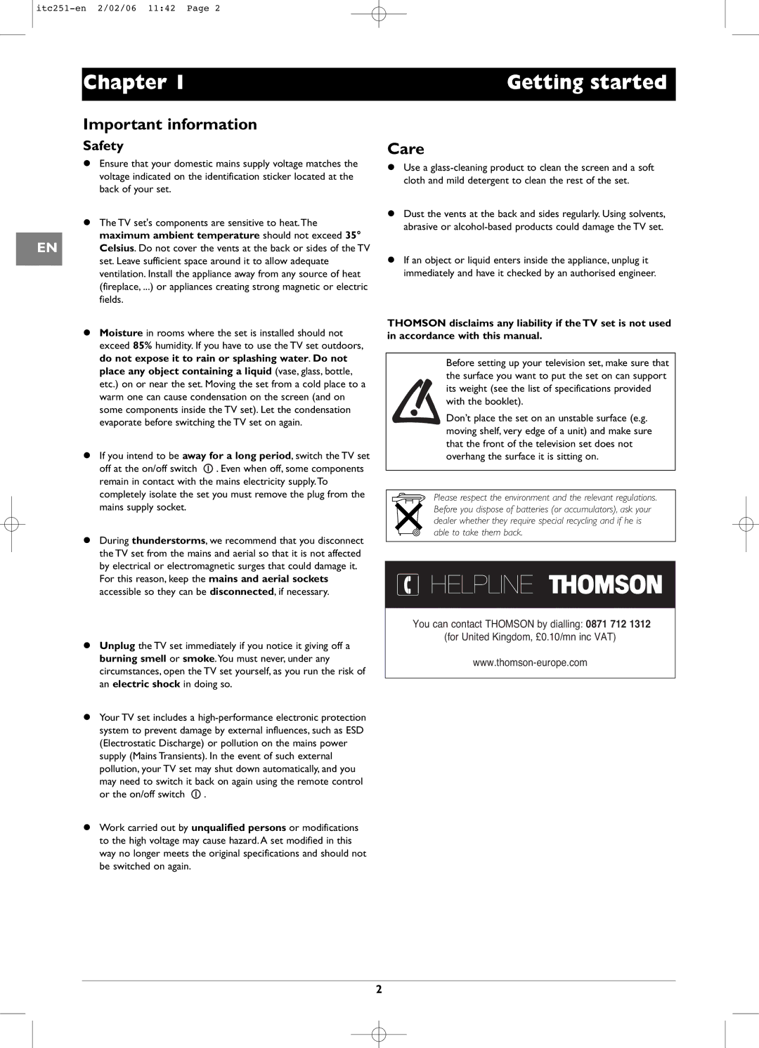 Technicolor - Thomson ITC251 manual Chapter Getting started, Important information, Care, Safety 