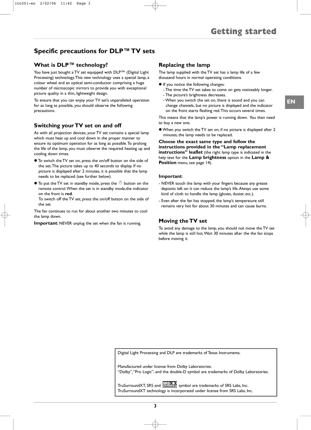 Technicolor - Thomson ITC251 manual Getting started, Specific precautions for DLP TV sets 