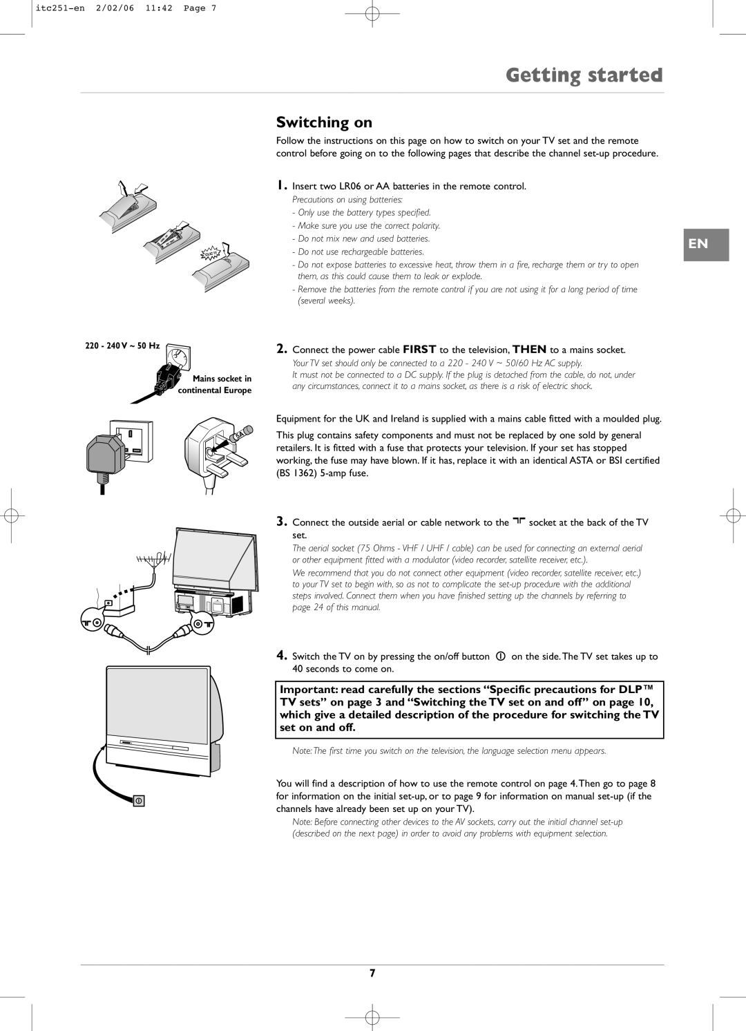 Technicolor - Thomson ITC251 manual Switching on, Insert two LR06 or AA batteries in the remote control 