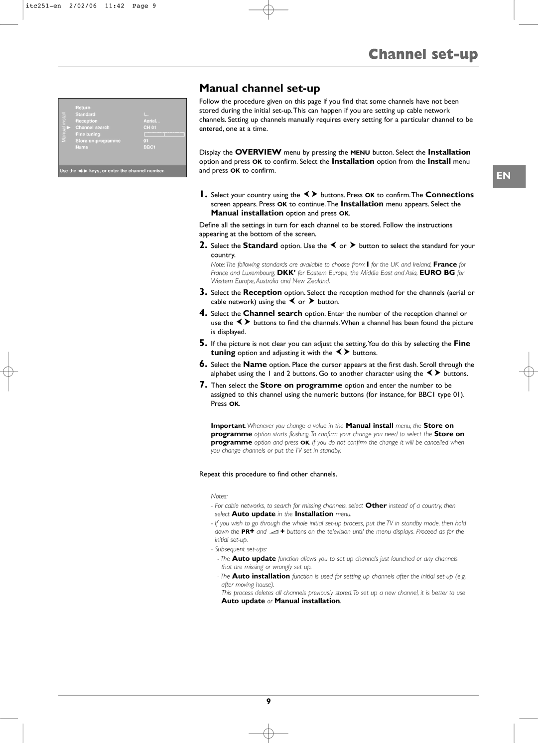 Technicolor - Thomson ITC251 manual Channel set-up, Manual channel set-up, Manual installation option and press OK, Install 