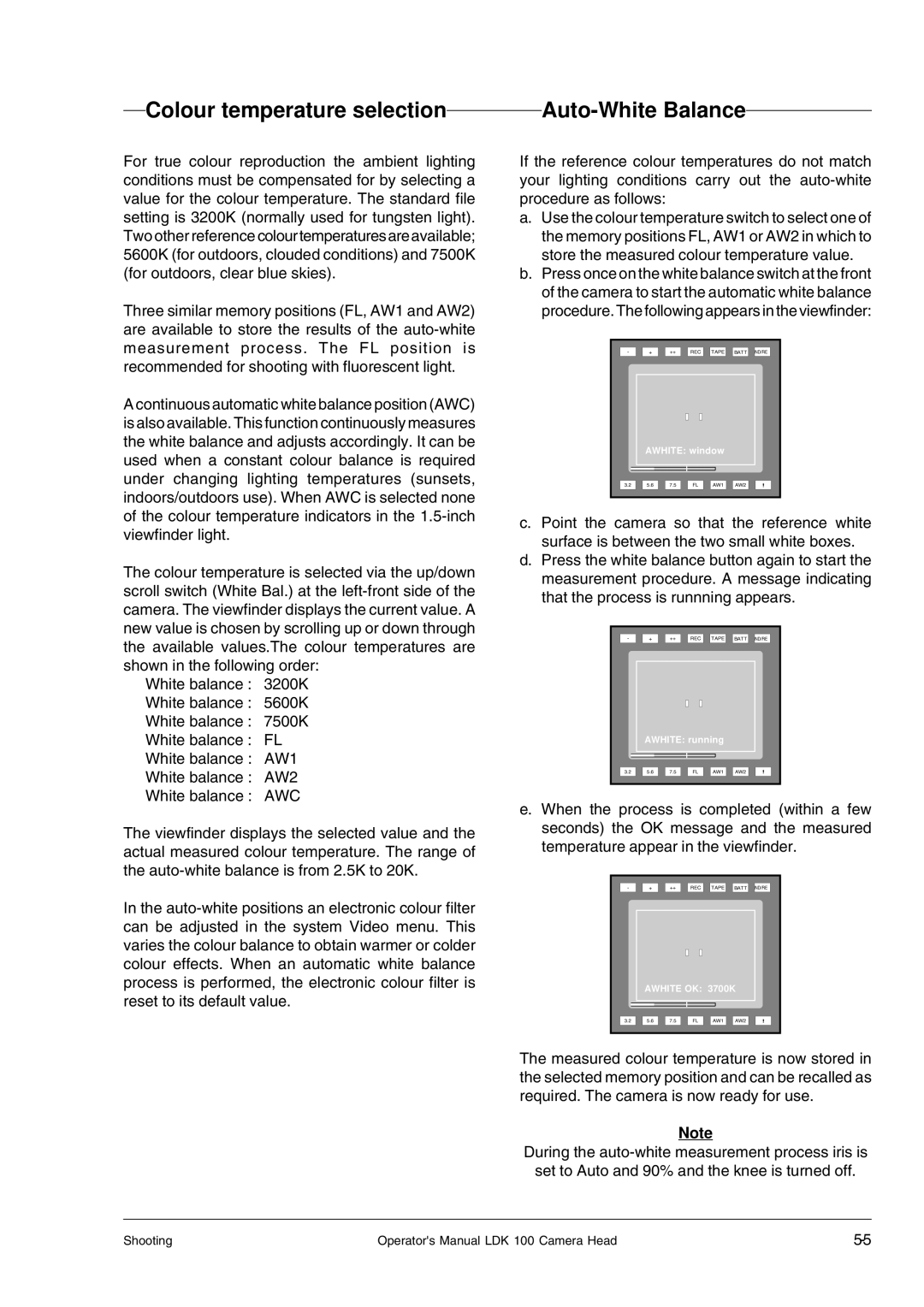 Technicolor - Thomson LDK 100 manual Colour temperature selection, Auto-White Balance 