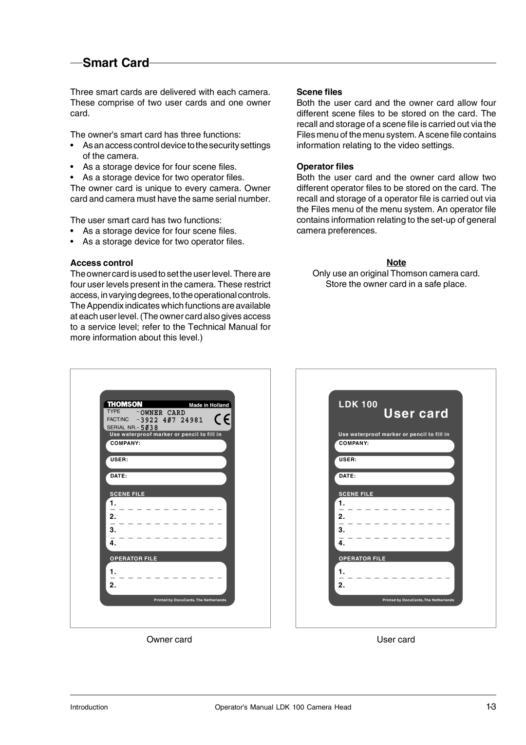 Technicolor - Thomson LDK 100 manual Smart Card, Access control, Scene files, Operator files 