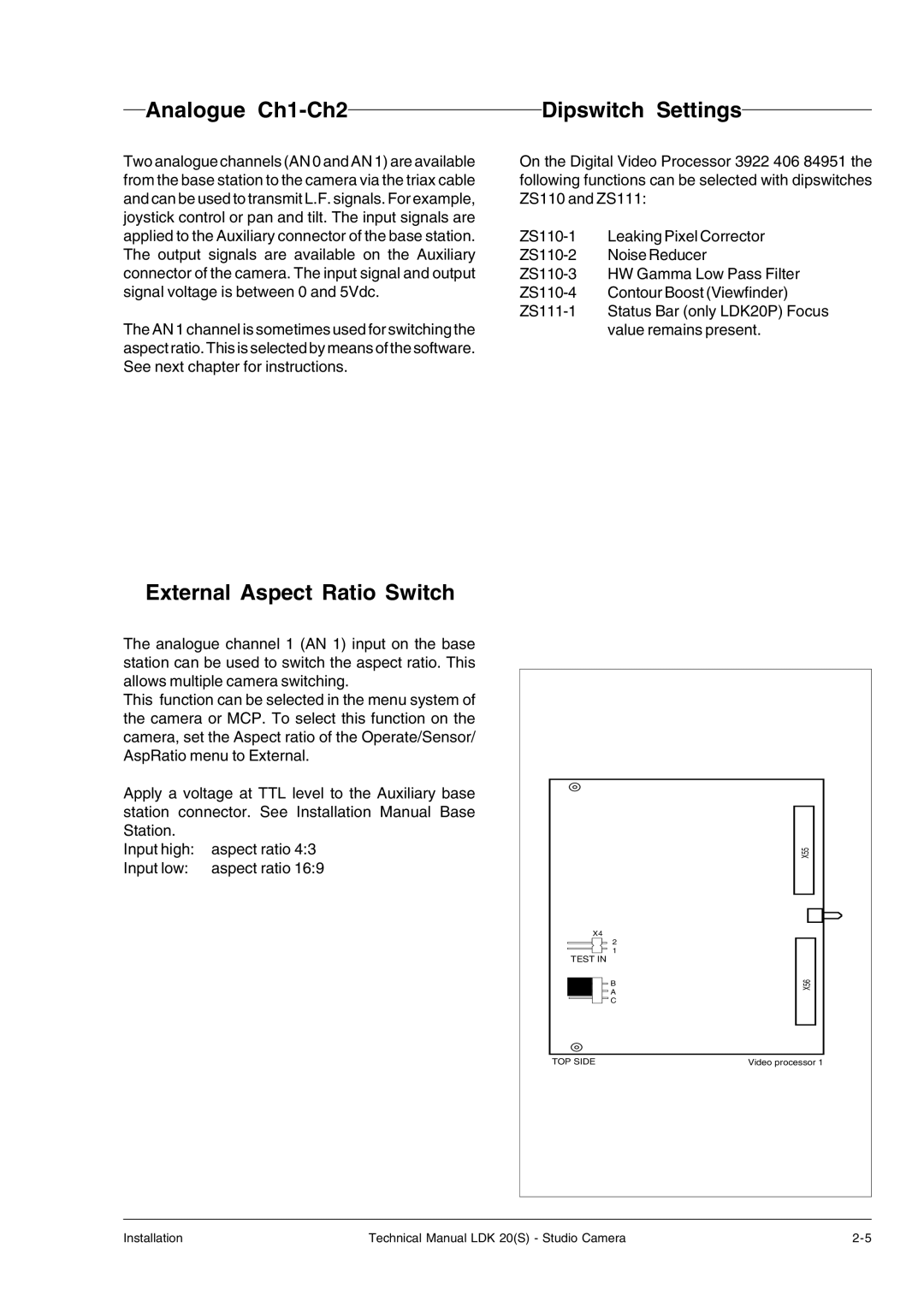 Technicolor - Thomson LDK 20(S) technical manual Analogue Ch1-Ch2, Dipswitch Settings, External Aspect Ratio Switch 