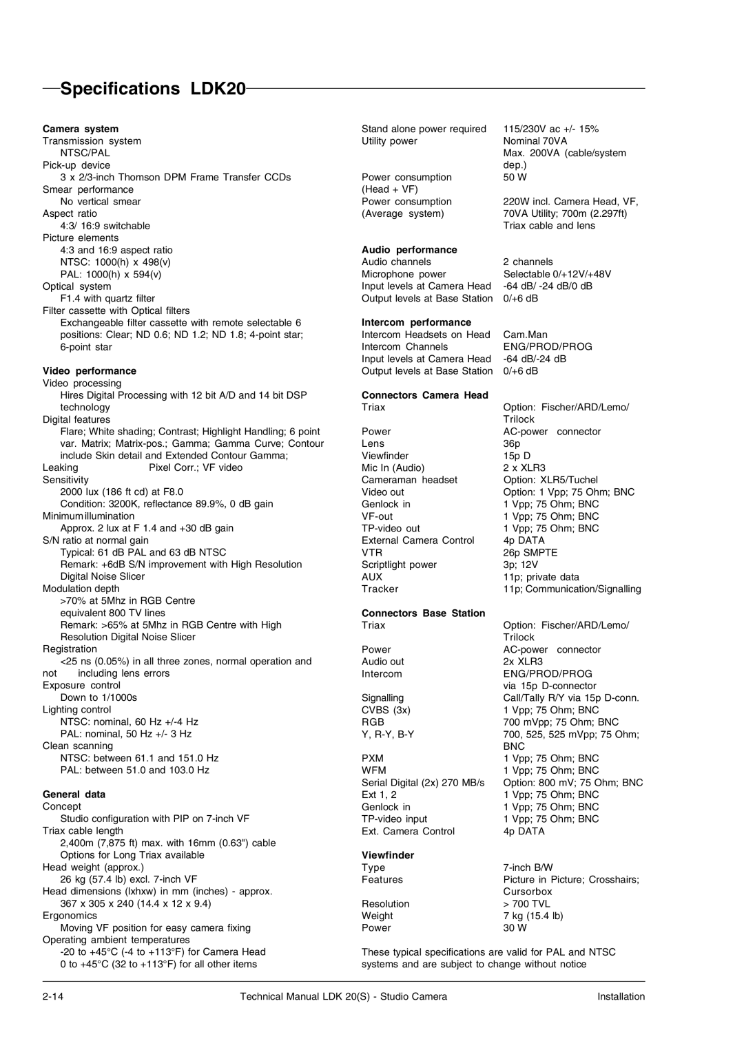 Technicolor - Thomson LDK 20(S) technical manual Specifications LDK20, Camera system 