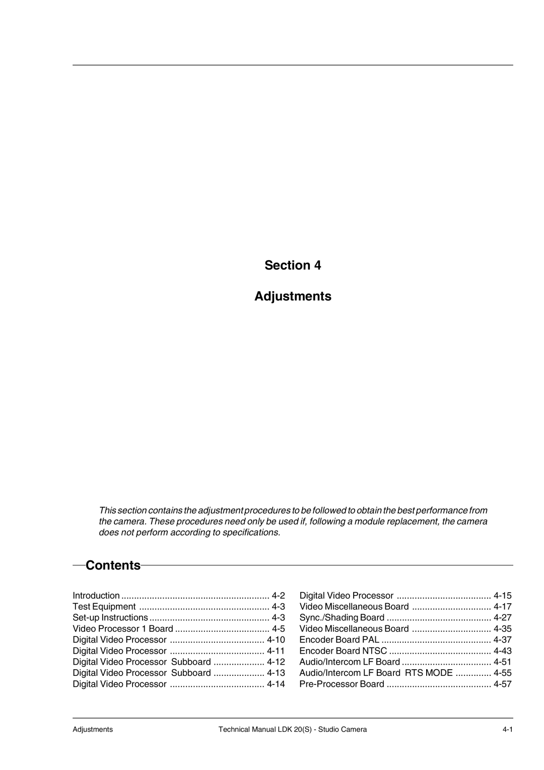 Technicolor - Thomson LDK 20(S) technical manual Section Adjustments, Contents 