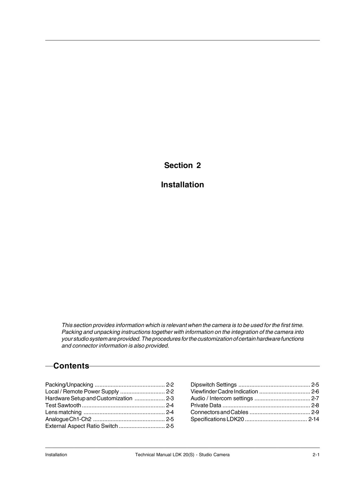 Technicolor - Thomson LDK 20(S) technical manual Section Installation, Contents 