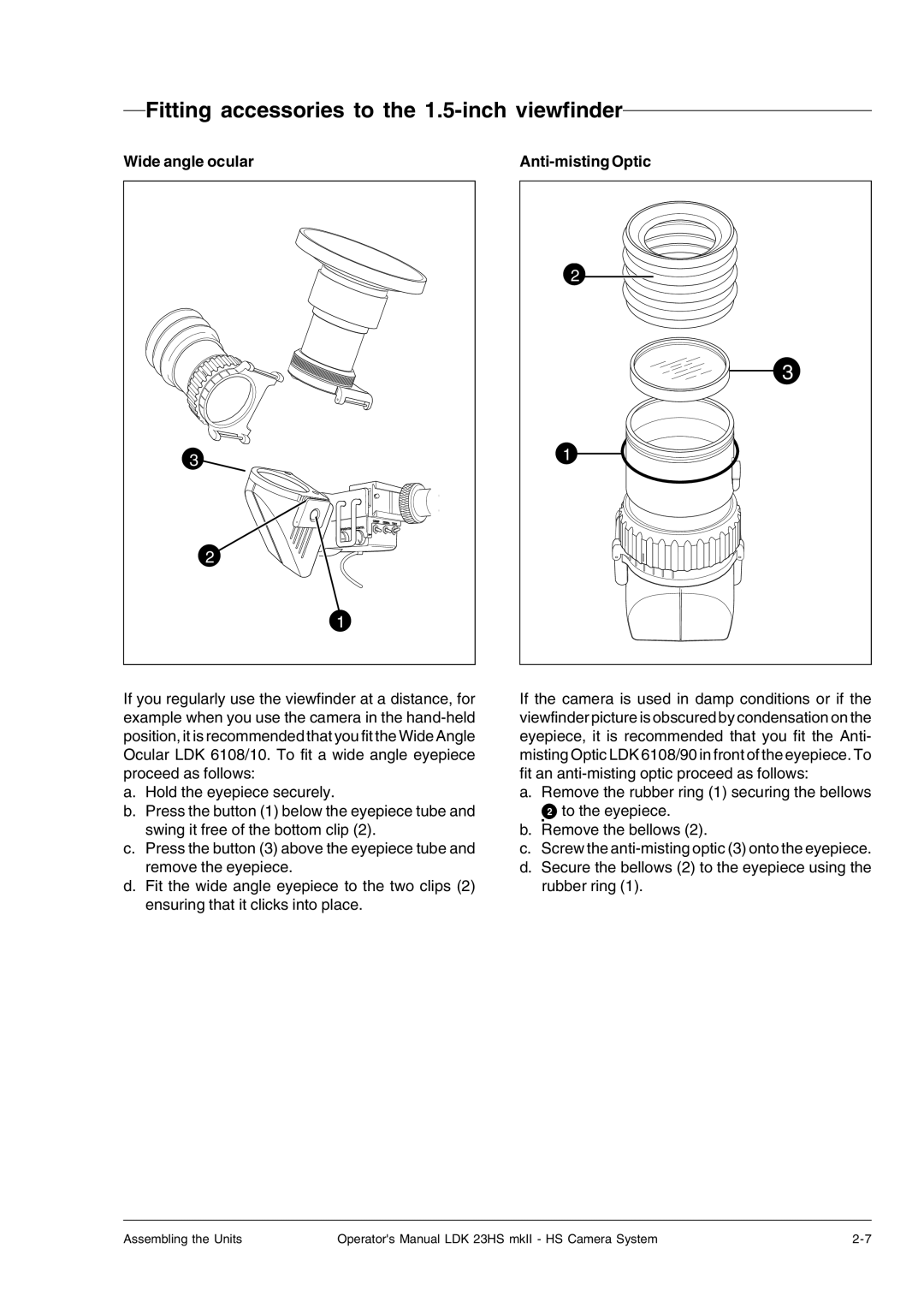 Technicolor - Thomson LDK 23hs manual Fitting accessories to the 1.5-inch viewfinder, Wide angle ocular, Anti-misting Optic 