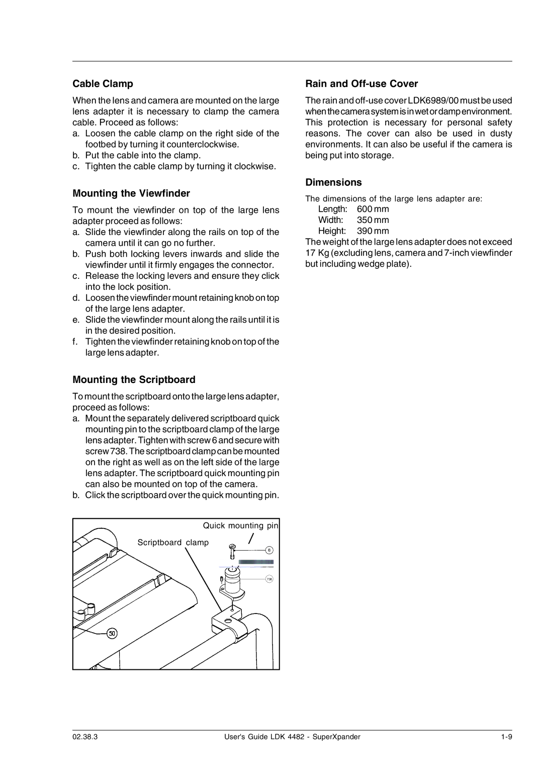 Technicolor - Thomson LDK 4482 Cable Clamp, Mounting the Viewfinder, Mounting the Scriptboard, Rain and Off-use Cover 