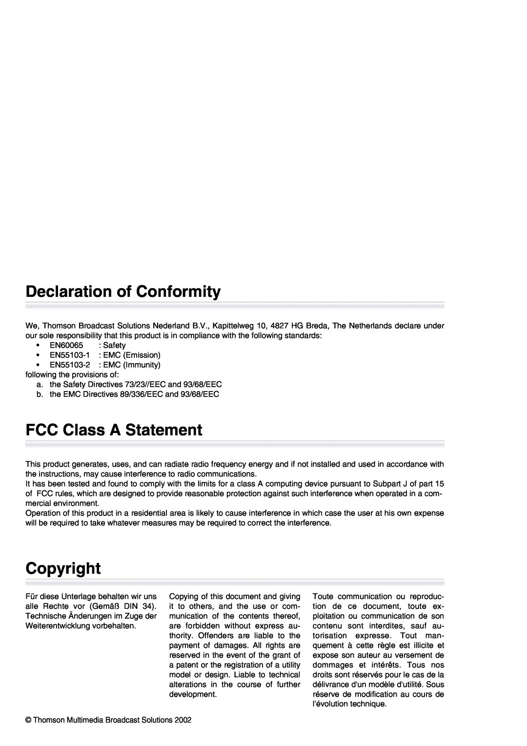 Technicolor - Thomson LDK 4482 manual Declaration of Conformity, FCC Class A Statement, Copyright 