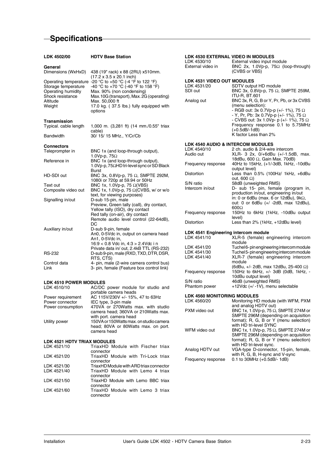 Technicolor - Thomson manual Specifications, LDK 4502/00 Hdtv Base Station General, Transmission, Connectors 