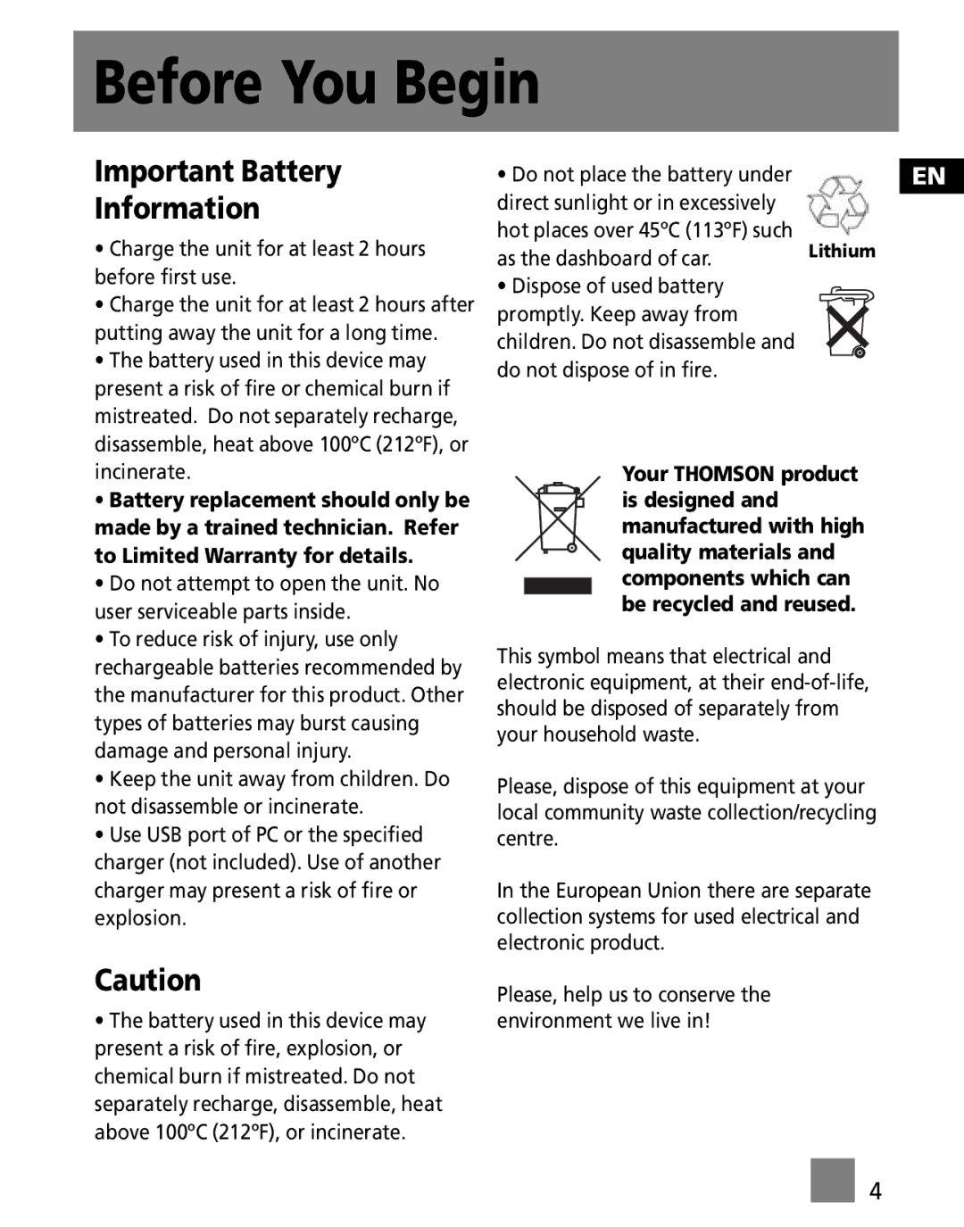 Technicolor - Thomson M100E512K, M100EG1K, M100E256K user manual Important Battery Information 