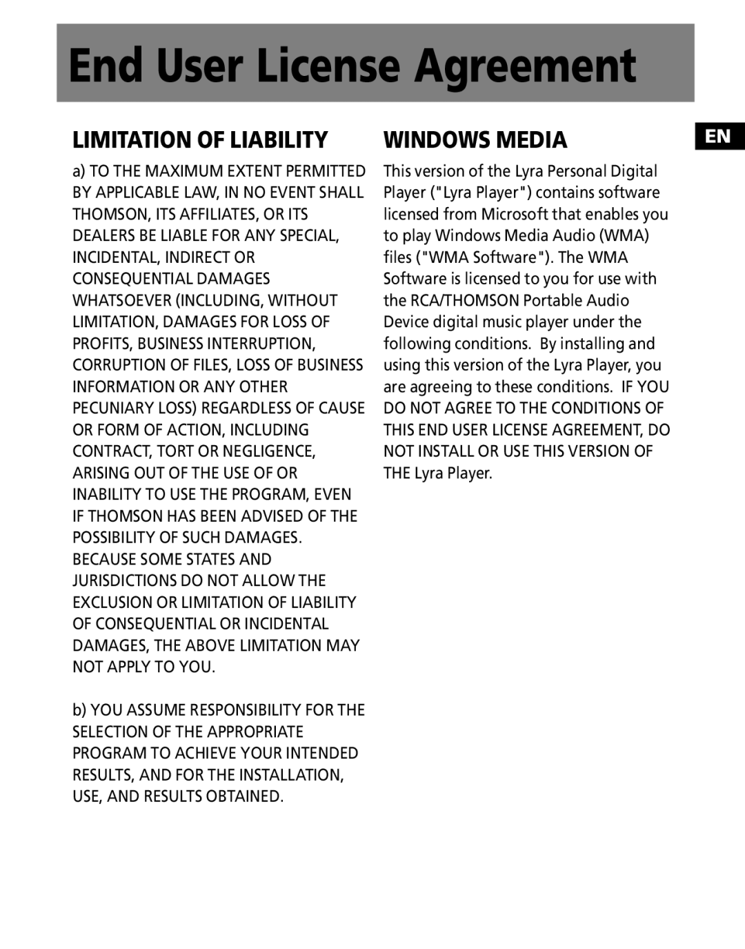 Technicolor - Thomson M100E512K, M100EG1K, M100E256K user manual Limitation of Liability Windows Media 