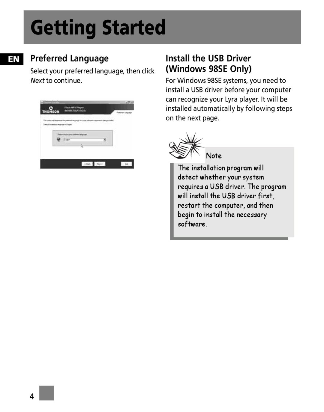 Technicolor - Thomson M100E256K, M100EG1K, M100E512K EN Preferred Language, Install the USB Driver Windows 98SE Only 