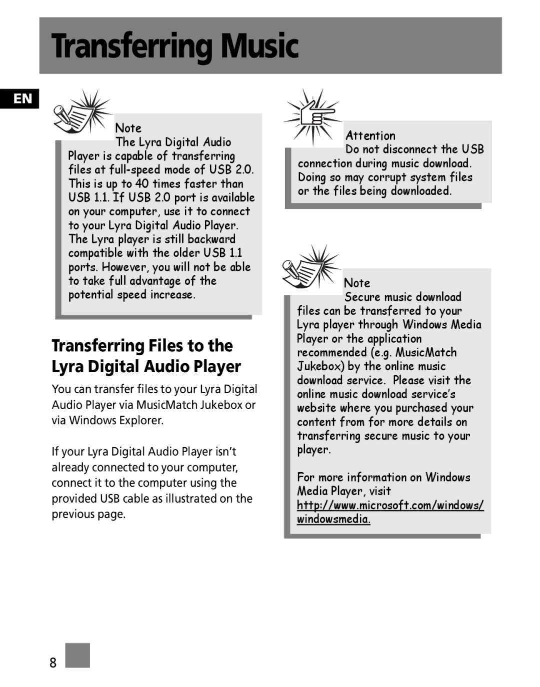 Technicolor - Thomson M100EG1K, M100E512K, M100E256K user manual Transferring Files to the Lyra Digital Audio Player 