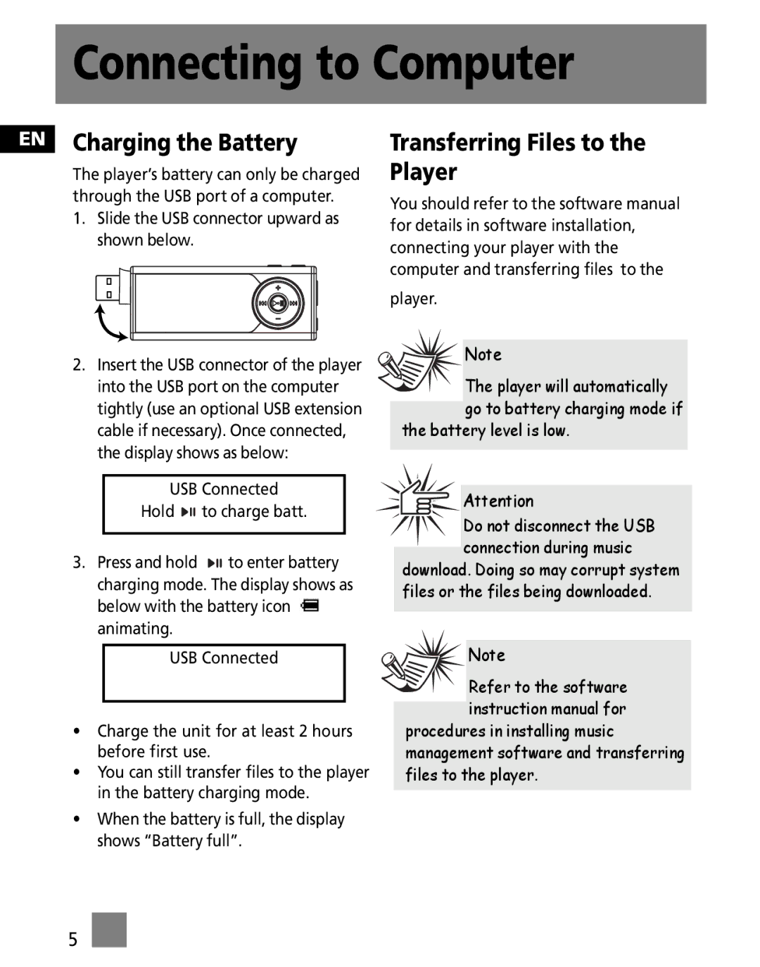 Technicolor - Thomson M150EG1FM Connecting to Computer, EN Charging the Battery, Transferring Files to the Player 