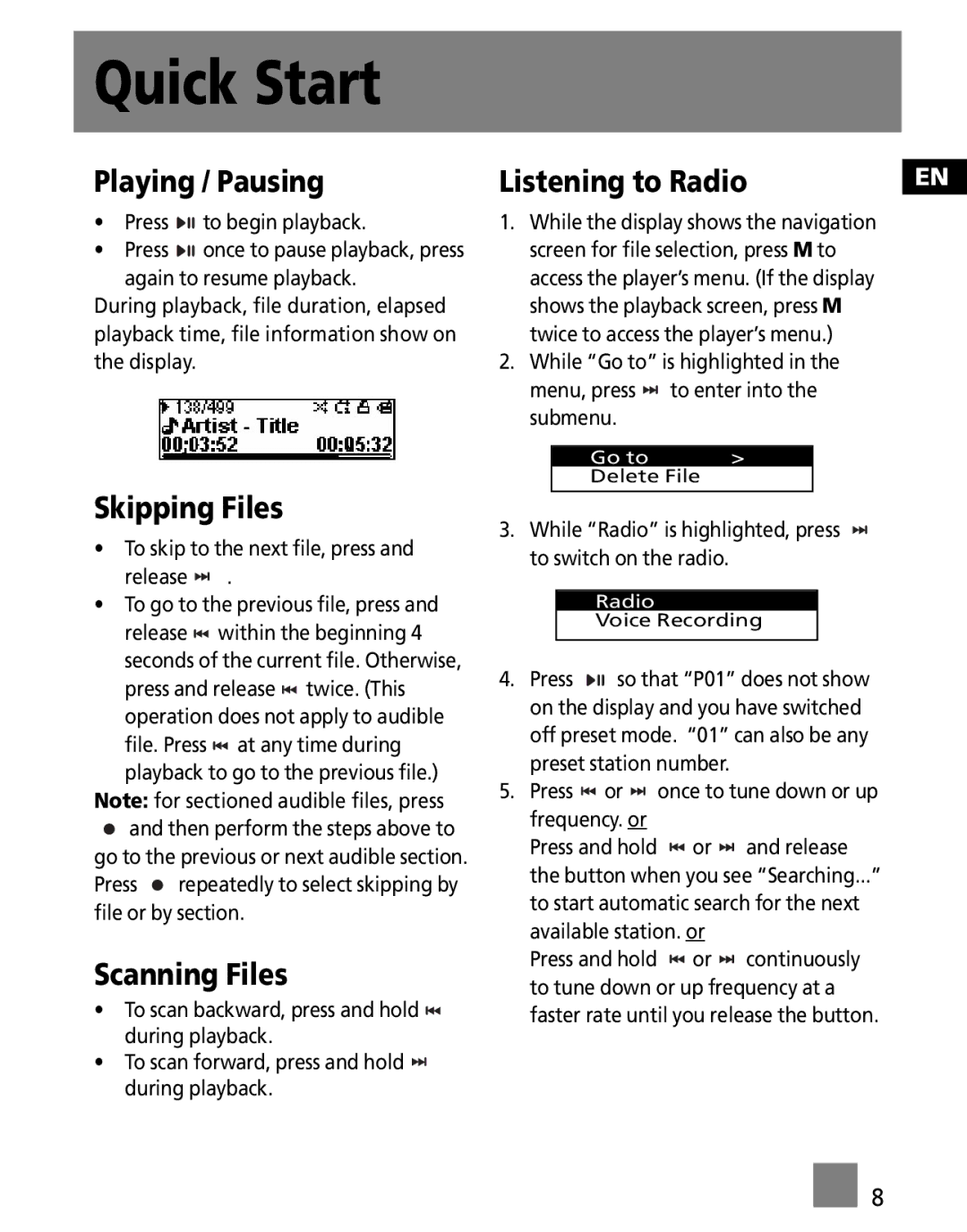 Technicolor - Thomson M150EG1FM, M150E512KFM Playing / Pausing Listening to Radio, Skipping Files, Scanning Files 