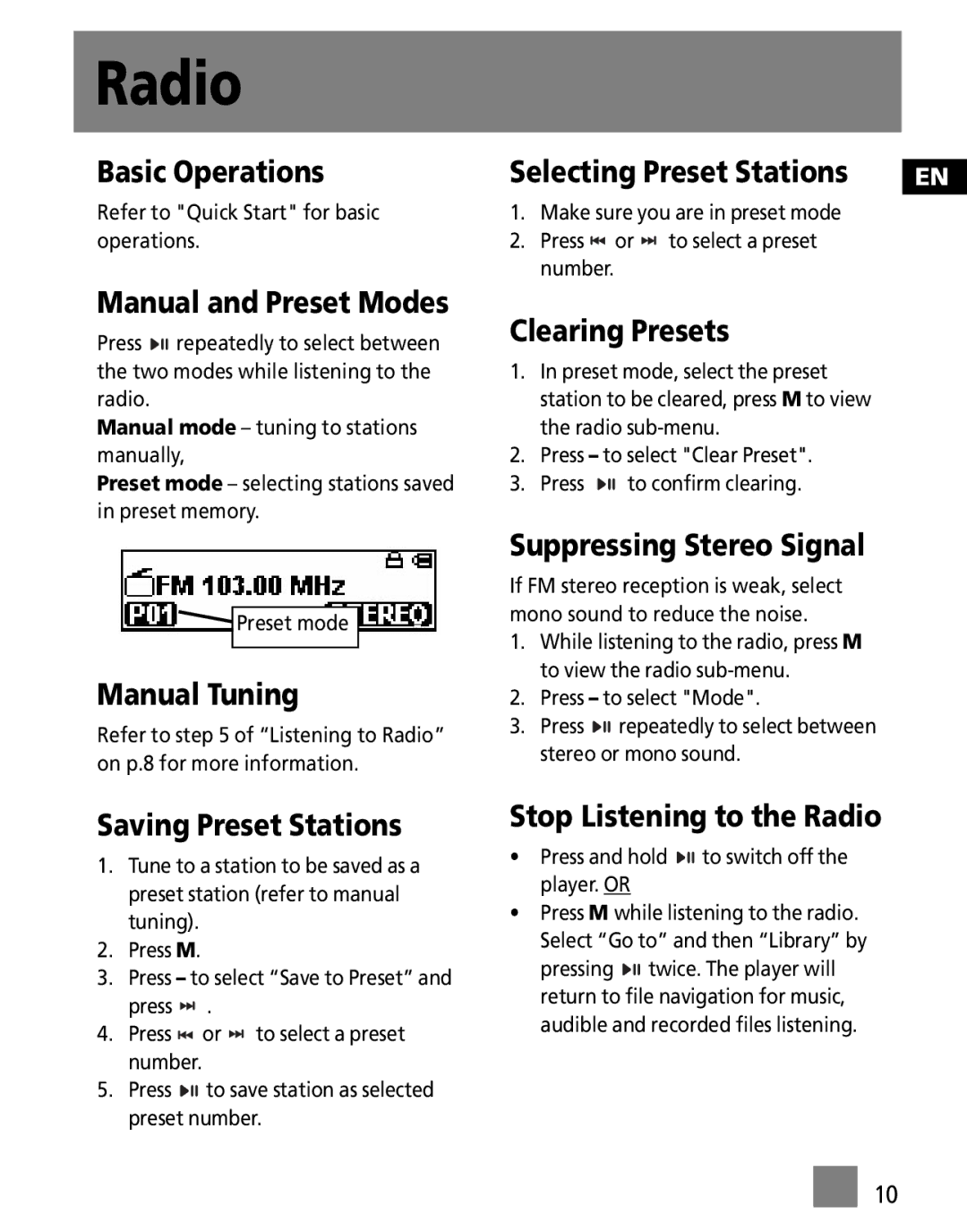 Technicolor - Thomson M150E256KFM, M150E512KFM, M150EG1FM user manual Radio 