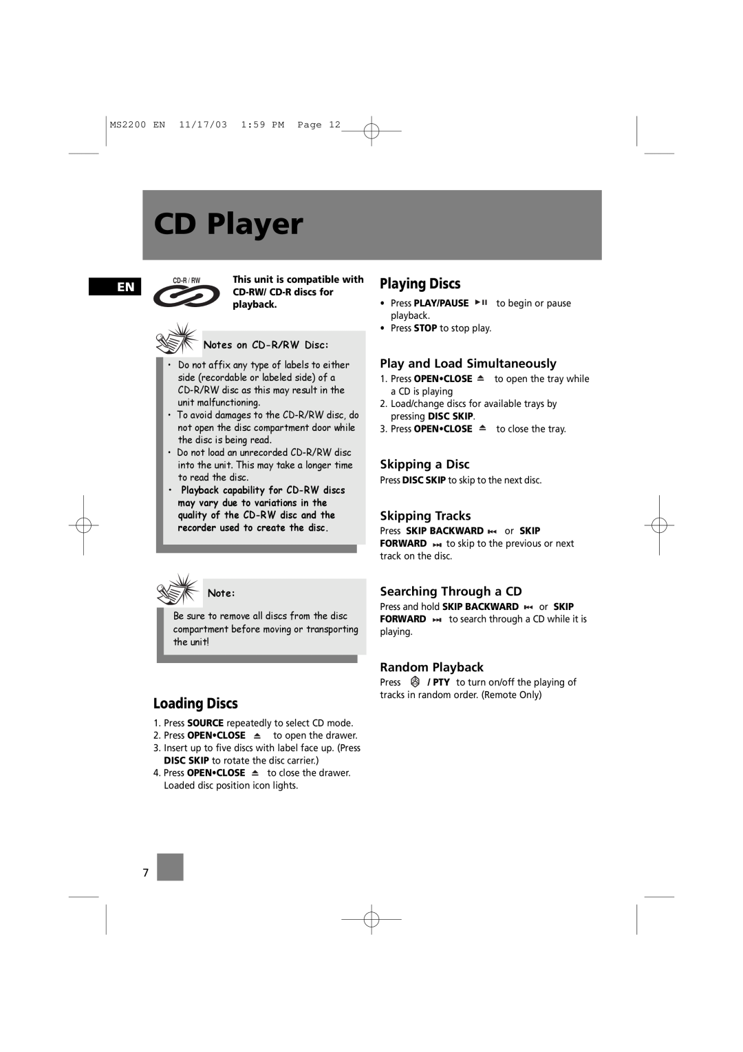 Technicolor - Thomson MS2200 CD Player, Loading Discs, Playing Discs, CD-RW/ CD-Rdiscs for, playback, Notes on CD-R/RWDisc 