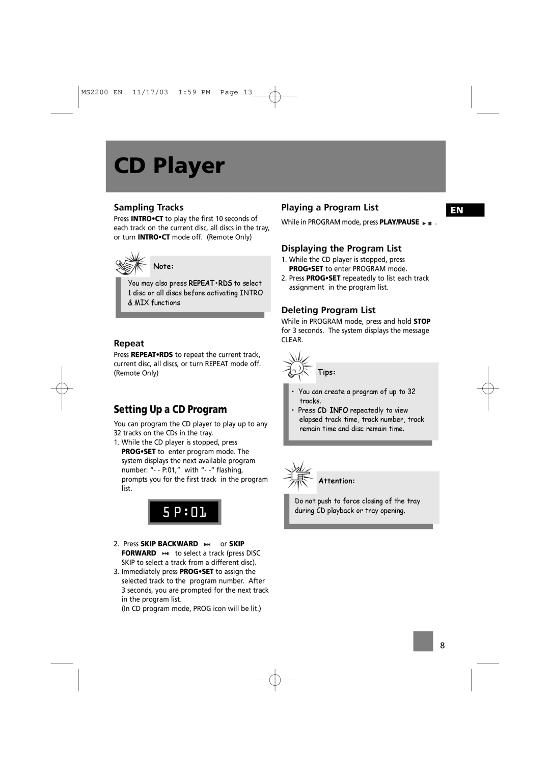 Technicolor - Thomson MS2200 manual 5 P, Setting Up a CD Program, CD Player, Press SKIP BACKWARD, or SKIP, Forward, Tips 