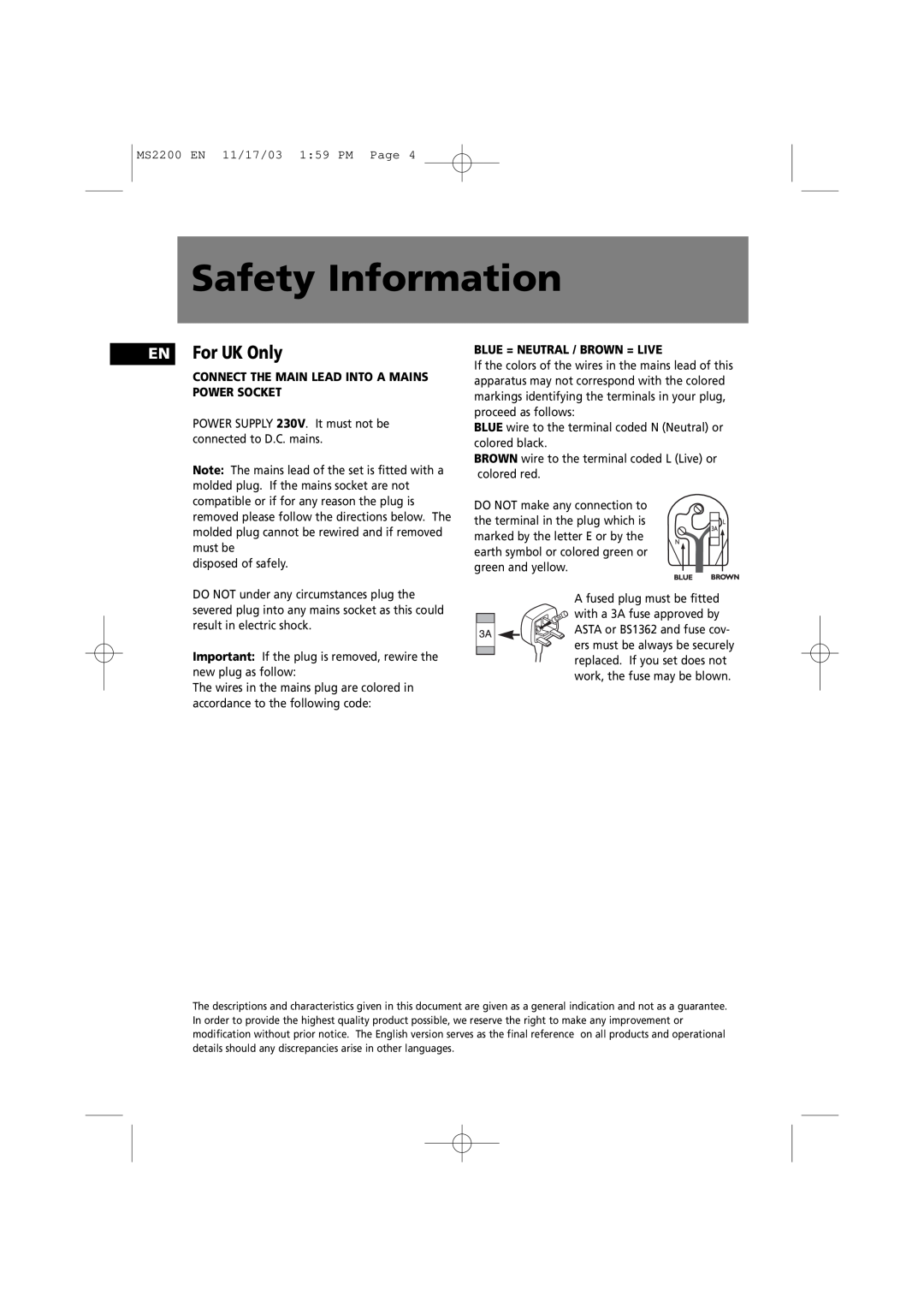 Technicolor - Thomson MS2200 manual Safety Information, EN For UK Only, Connect The Main Lead Into A Mains Power Socket 