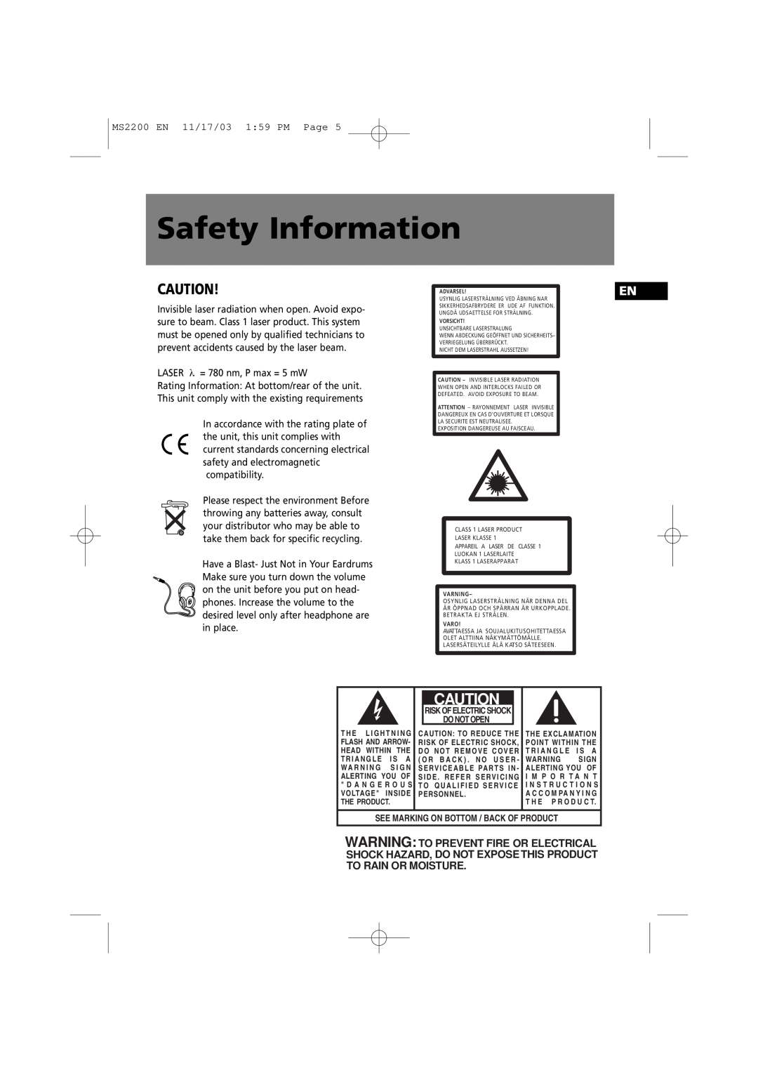 Technicolor - Thomson MS2200 manual Safety Information 