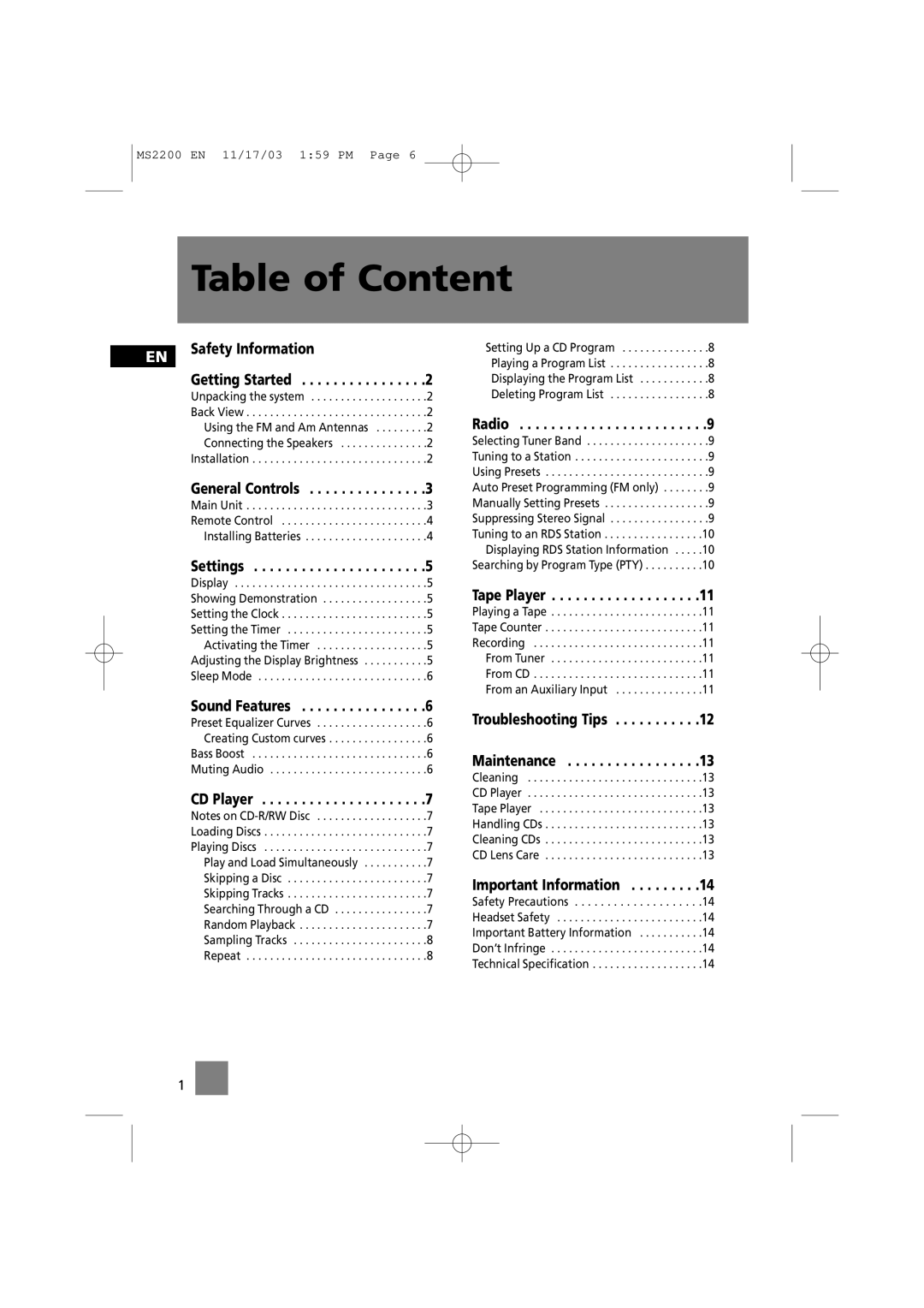 Technicolor - Thomson MS2200 manual Table of Content 